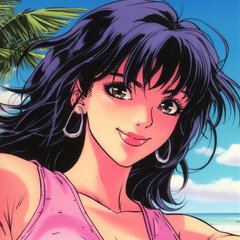 Character illustration design in anime style of a young girl in summer. Manga Anime Girl Hair Face Cartoon.
