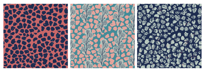 Hand drawn floral and abstract pattern. Textured seamless repeat pattern design for fabric statis flower shapes in pink blue background