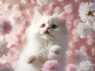 Fototapeta premium A small white kitten standing in a room with pink flowers. Generative AI.