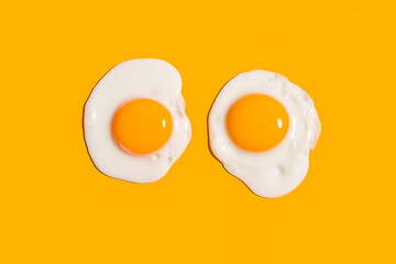 Two fried sunny-side-up eggs with bright glossy yoke on yellow background. Culinary food concept. AI generated - obrazy, fototapety, plakaty