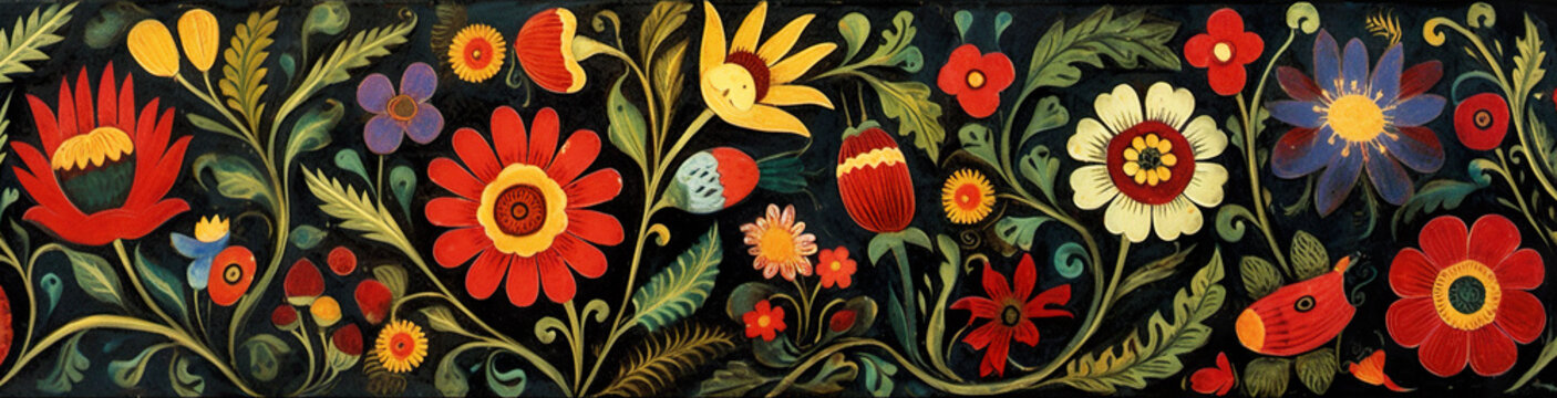A painting of colorful flowers on a black background. Generative AI. Polish folk art.