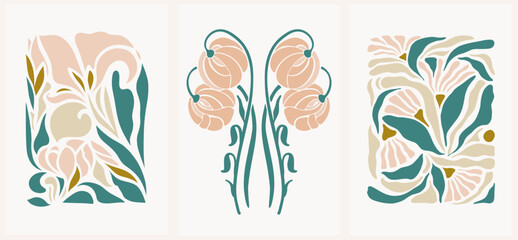 Abstract groovy floral posters. Modern trendy Matisse minimal style. Hand drawn design for wallpaper, wall decor, print, postcard, cover, template, banner.