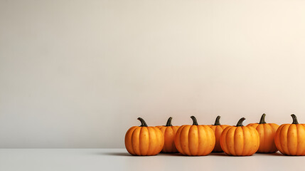 Set of yellow pumpkins on a concrete grey background. Pumpkin variety, minimalistic autumn background. Holiday concept - Halloween or Thanksgiving day, space for text, product placement. Generative AI
