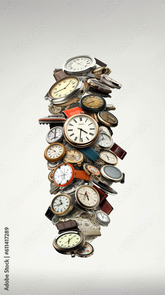 Poster a tall tower of clocks with different time zones. generative ai.