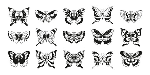 Obraz na płótnie Canvas Black butterfly stickers. Realistic flying monarch and moth butterfly silhouettes, abstract animal flying insects icons. Vector isolated set. Decorative tattoo elements, wild bugs collection