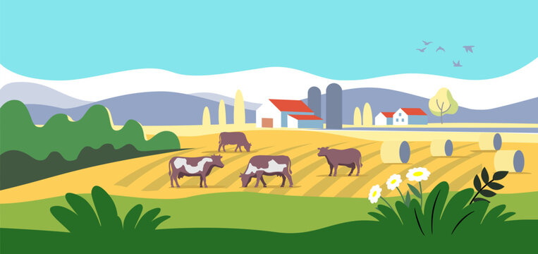 Cows in farm cartoon. Rural countryside landscape with meadow