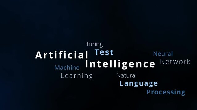 Artificial Intelligence tag cloud and word cloud with articifial intelligence terms like neural network, turing test, machine learning, natural language processing or algorithms digital transformation