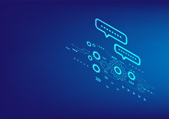 Chat with ai. Digital chat bot. Human ask bot. Bot conversation. Smart ai chat bot communicates with human. Technology blue background