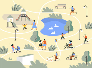 People in park flat cartoon. Person walk summer outdoor