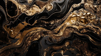 Fluid Elegance: Black and Gold Liquid Marble Wallpaper for Sophisticated Business Decor. Generative AI. 