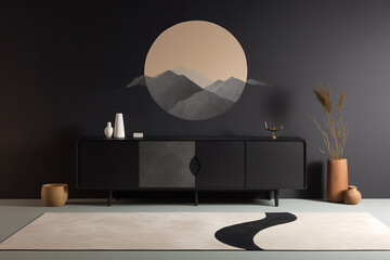 A black cupboard with a floor rug in front in a minimalistic composition. Soft shading, contrasting colors. Generative AI. 