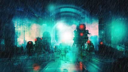 Robots zombies invade the city center, walking in the middle of the streets. Illustration digital art style.