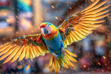 A parrot spreading its wings wide in a colorful display of flight.