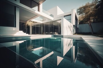 Fototapeta premium Luxury modern architectural house: A captivating blend of sleek design, serene pool, and seamless indoor-outdoor living. Generative Ai