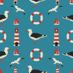 Obraz na płótnie Canvas Seamless marine pattern with seagull, lighthouse, boat and sea
