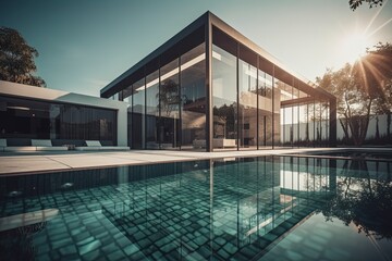 Fototapeta premium Luxury modern architectural house: A captivating blend of sleek design, serene pool, and seamless indoor-outdoor living. Generative Ai