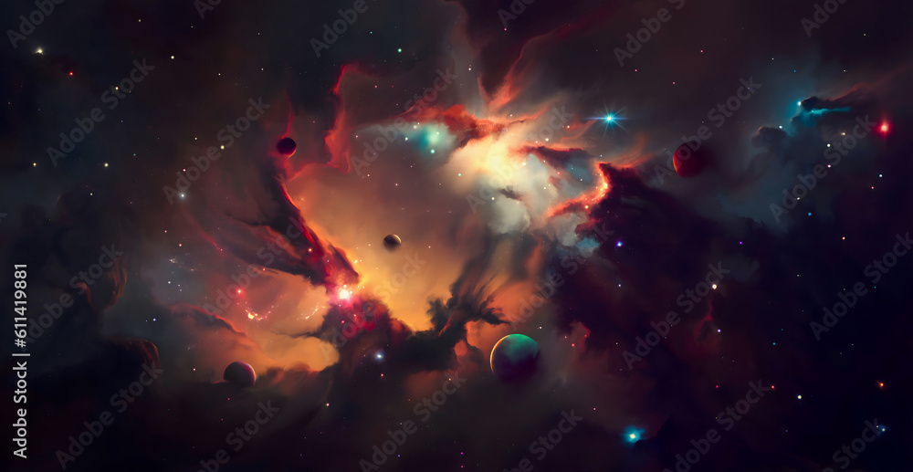 Poster nebula on a background of outer space whis planets