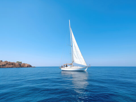 A lonely white sailing yacht in a calm blue sea