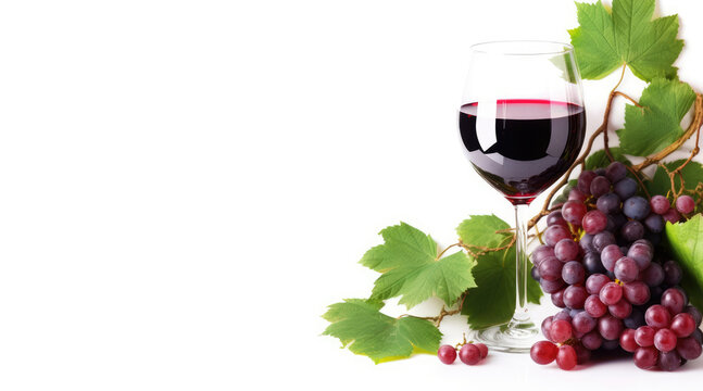 Wine banner with glass of red wine and red vine on white background