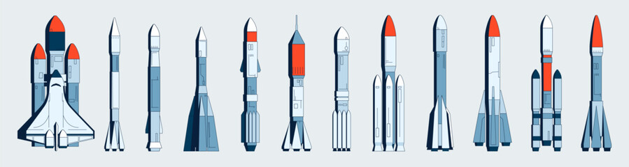 Space rocket collection. Flight spaceship with space module, rocket for suborbital flight, space mission and astronomy concept. Vector set. Futuristic technology, spacecrafts for exploration