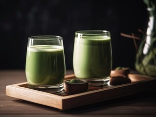 Matcha in glass on wooden tray, Japanese drinks. Generative AI
