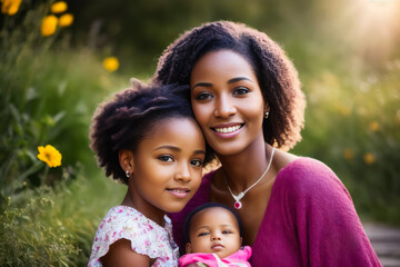 Fototapeta premium Digital photo of the mother holds the child in her arms at the beautiful floral background. Generative AI