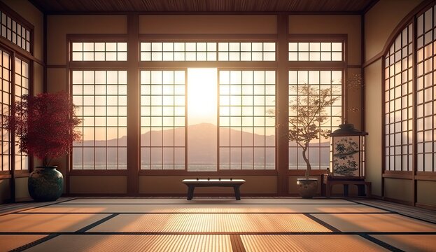 a japanese living room with a large window Generative AI