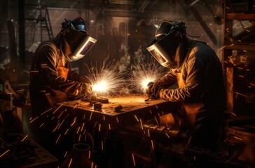 Two welders working in the factory. Generative AI