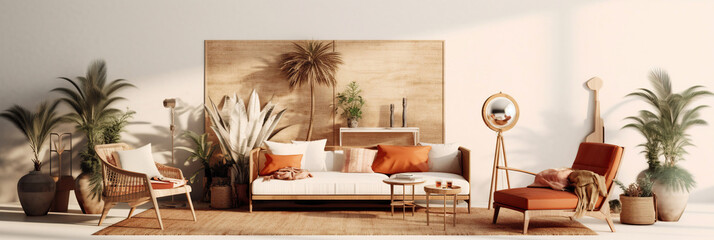 Boho interior design of modern living room, panorama. Created with generative AI