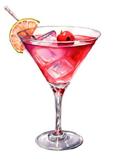 Cosmopolitan cocktail in watercolor design isolated against transparent