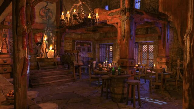 Candlelit medieval inn bar with tables of food and drink in the evening. Animated 3D render.