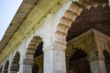 Architectural details of Lal Qila - Red Fort situated in Old Delhi, India, View inside Delhi Red Fort the famous Indian landmarks