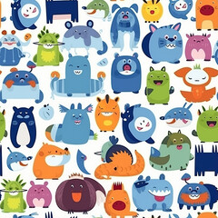 Cute seamless animals pattern, repeat background tile wallpaper illustration doodle textile design, seamless pattern, suitable for printing wrapping paper. Generative AI