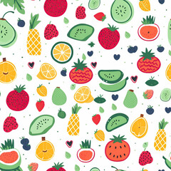 Cute seamless fruits pattern, repeat background tile wallpaper illustration doodle textile design, seamless pattern, suitable for printing wrapping paper. Generative AI
