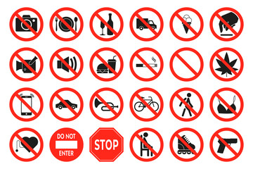 Prohibition signs. Alcohol, tobacco, mobile phone and computer usage signs, warning icons for public and business. Vector set. No food, bicycle, rollerskating and weapons, forbidden objects
