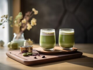 Matcha in glass on wooden tray, Japanese drinks. Generative AI