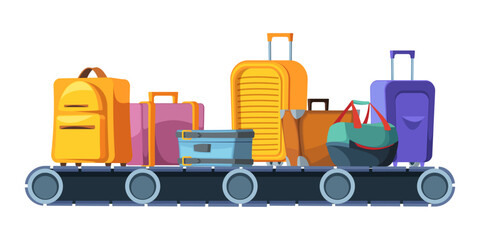 Luggage conveyor. Cartoon belt with suitcases, horizontal airport baggage inspection, luggage transportation concept. Vector illustration. Airport terminal, bags and suitcases control or check