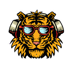 Futuristic Japanese Tiger Beats: Cyberpunk with Stylish Headphones, Listening Music 