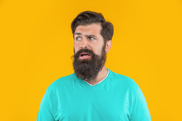 portrait of confused bearded man isolated on yellow. portrait of bearded man in studio.