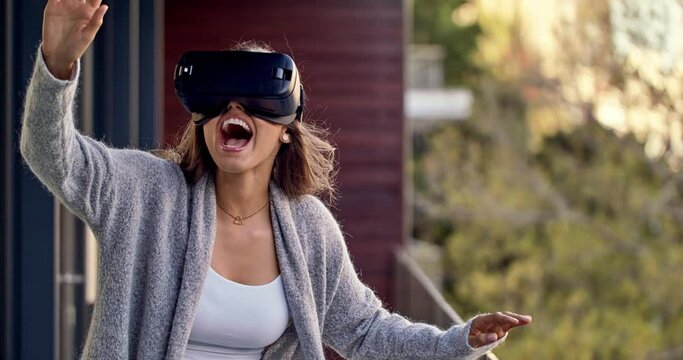 Woman, virtual reality headset and happy on balcony with game, metaverse or 3d video for futuristic experience. Girl, vr app and excited with wow, surprise and media on ar, online games and cyber ux