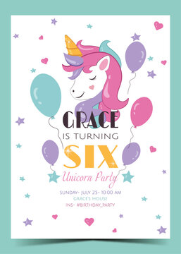 6th Birthday card with Unicorn elements design. Turning six years invitation. Ready to print. Vector Illustration