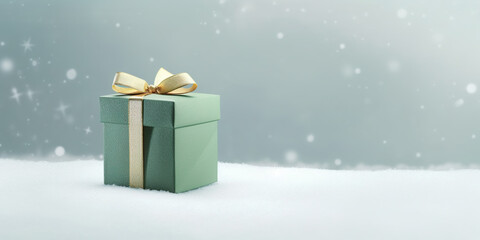 A green gift box sitting in the snow. Generative AI. Christmas gift box. Panoramic banner.