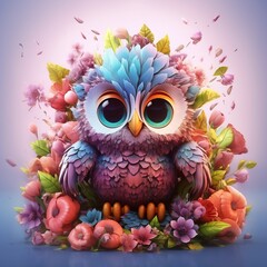 Obraz premium Super Cute Baby Owl Surrounded by Flowers