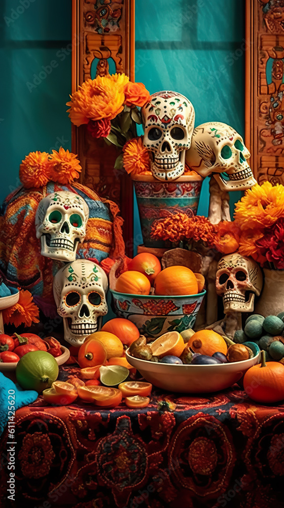 Poster a table topped with lots of different types of food. ai generative. day of the dead picturesque disp