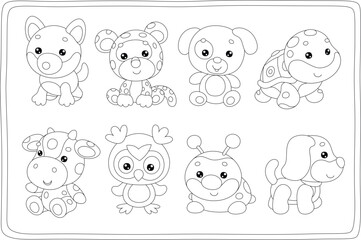 Toy baby animal characters with a cute little wolf, leopard, dog, turtle, cow, owl, ladybug and pup, set of vector cartoon illustrations