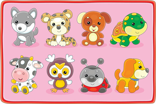 Toy baby animal characters with a cute little wolf, leopard, dog, turtle, cow, owl, ladybug and pup, set of vector cartoon illustrations