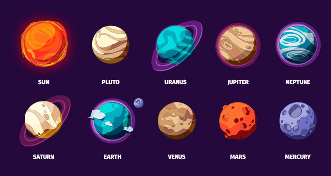 Solar system planets set. Colorful cartoon space planets, Sun Earth Moon Mars Venus Saturn, cosmic universe concept. Vector isolated collection. Studying astronomy, celestial bodies
