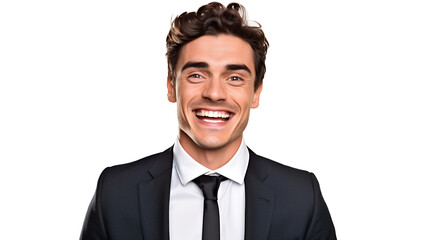 Handsome young smiling businessman in suit standing against white wall.Сreated with Generative AI technology.