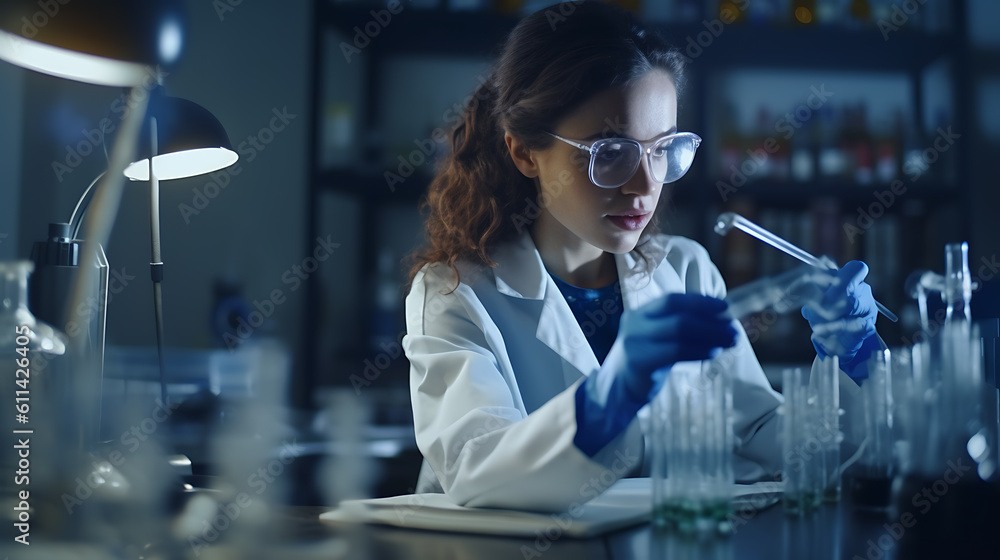 Poster young caucasian woman working at scientist laboratory.created with generative ai technology.