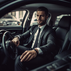 Attractive young man man in business suit driving car.